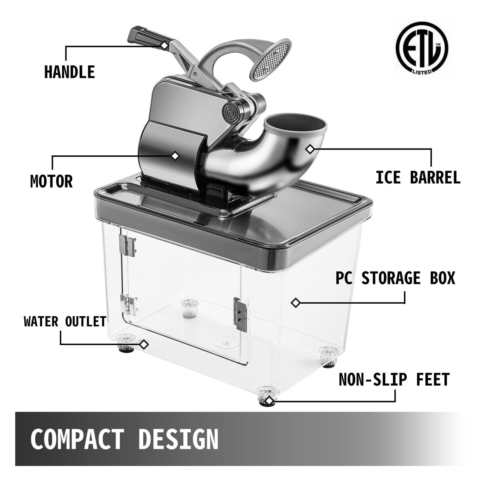 Electric Snow Cone Machine, Ice Crusher, Glass Graner, Blender, Chopper, Stainless Steel, Cold, Commercial