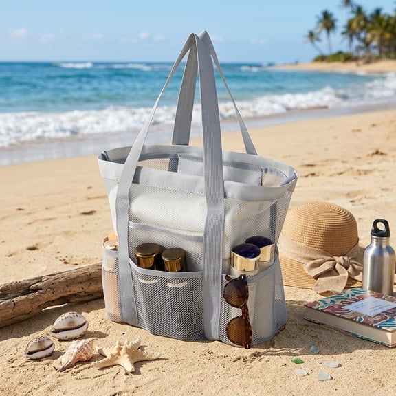 Mesh Beach Tote Bag Multi Pocket Swim Storage Handbag, Portable Travel Shower Caddy Bag Large Capacity Beach Organizer, Breathable Mesh Beach Bag with Optional Inner Liner for Swimming and Travel
