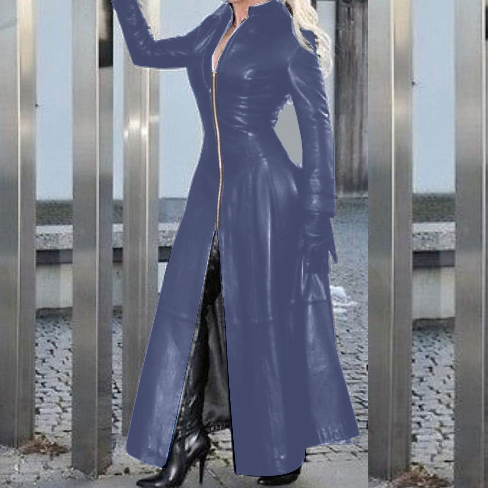 Dezsed Women's Faux Leather Trench Jacket Over Coat Women's Fashion Sexy Fall And Winter Solid Long Leather Coat Imitation Leather Windbreaker Coat Navy XL