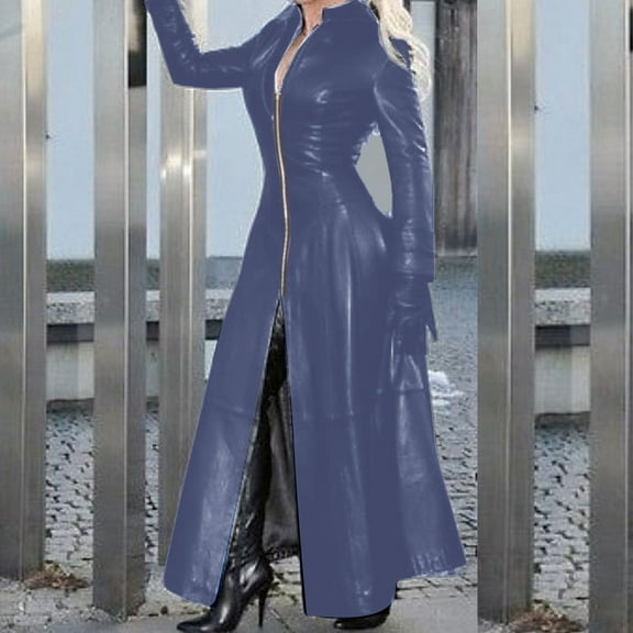 BEFOKA Women's Elegant Lapel Collar Slim Fits-Flare Zipper Front Leather Long Jackets Trench Coat