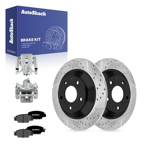 AutoShack Rear Solid Drilled & Slotted E-Coated Brake Rotors   Premium Ceramic Pads   Calipers 8-PC Brake Kit Replacement for 2016-2025 Mazda CX-5 ShadowGuard 11.93" (303 mm)