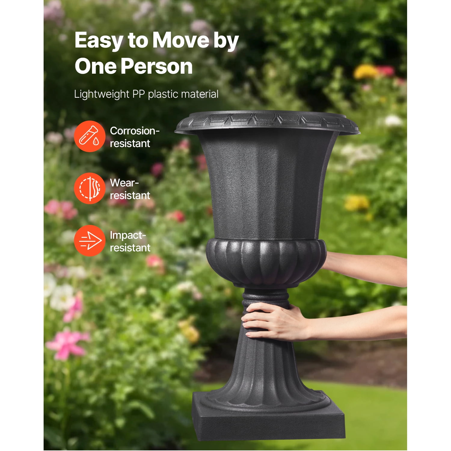 KFFKFF Plastic Urn Planters, 15.8 x 26.4 Inch, Set of 2 Black Decorative Flower Pots for Indoor & Outdoor Use, Ideal for Weddings, Events, Home, Garden, Balcony, Patio, and Porch Decoration