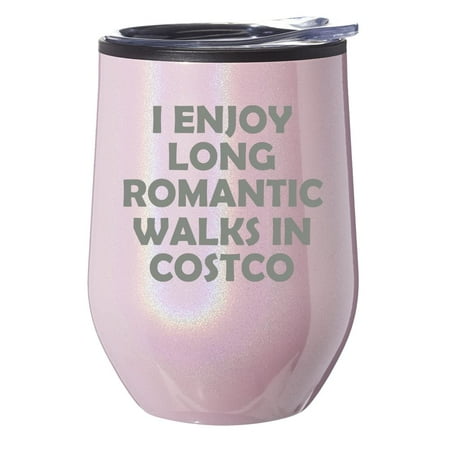 

Stemless Wine Tumbler Coffee Travel Mug Glass With Lid Gift I Enjoy Long Romantic Walks Shopping Funny (Pink Glitter)