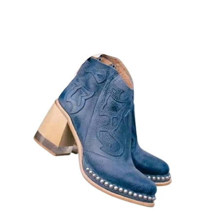 

Embroidered Hot Drill High Heel Boots Chunky Heels Elongate Your Legs For Beautiful Women Boots 37 Navy Blue