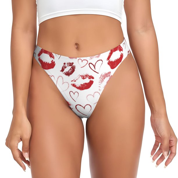 Balery Red Lips Tangas de Algodón para Mujer con Estampado – Ropa Interior Sexy, Transpirable, G-string-Small