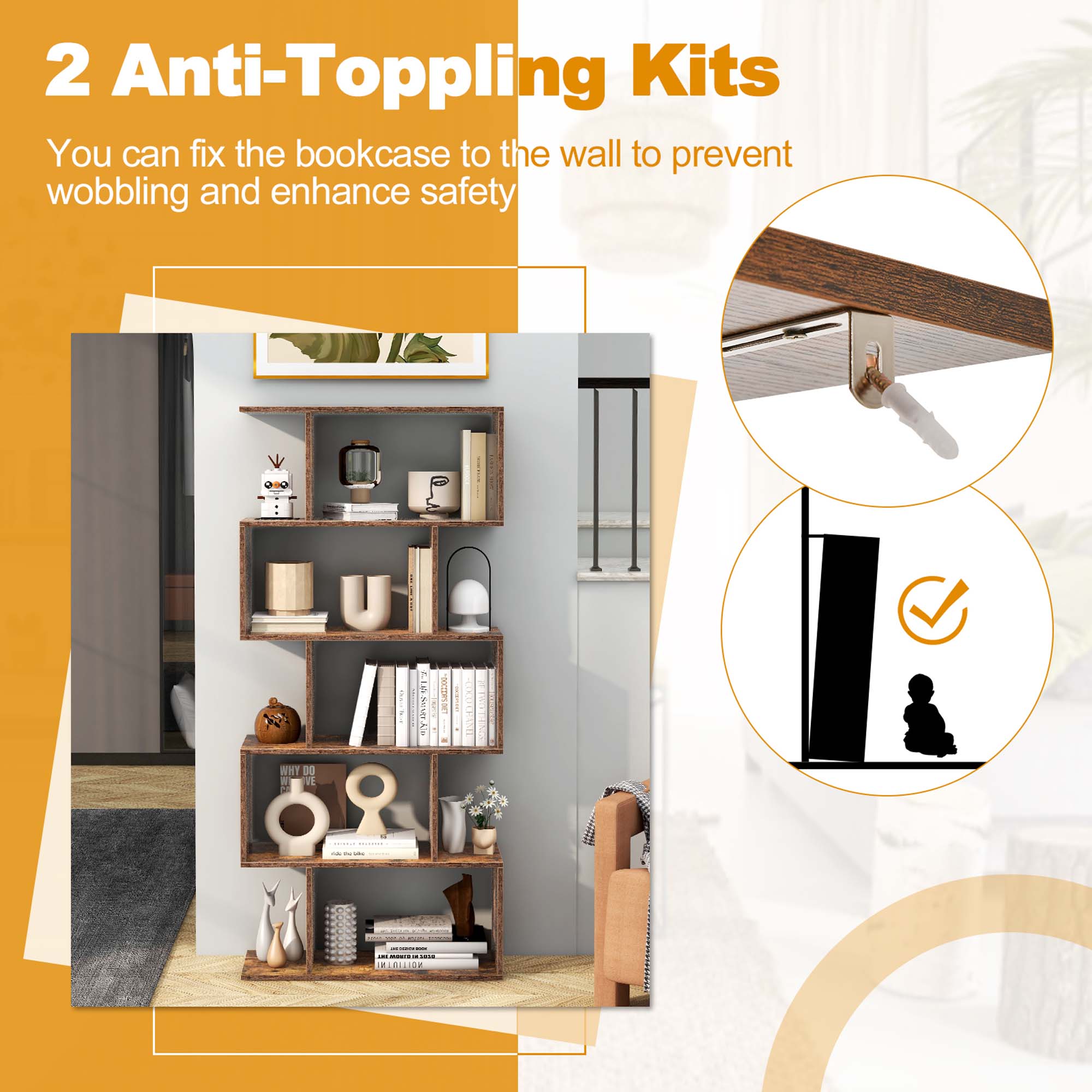 Costway 1 PC 5-Tier Bookshelf Geometric S-Shaped Bookcase Room Divider Storage Display Shelf Brown