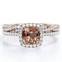 JeenMata Halo Prong Set - 1.5 Carat Cushion Cut Peach Pink created morganite and Moissanite - Pave Twisted Infinity Wedding Ring Set - 18K Rose Gold Plating over Silver