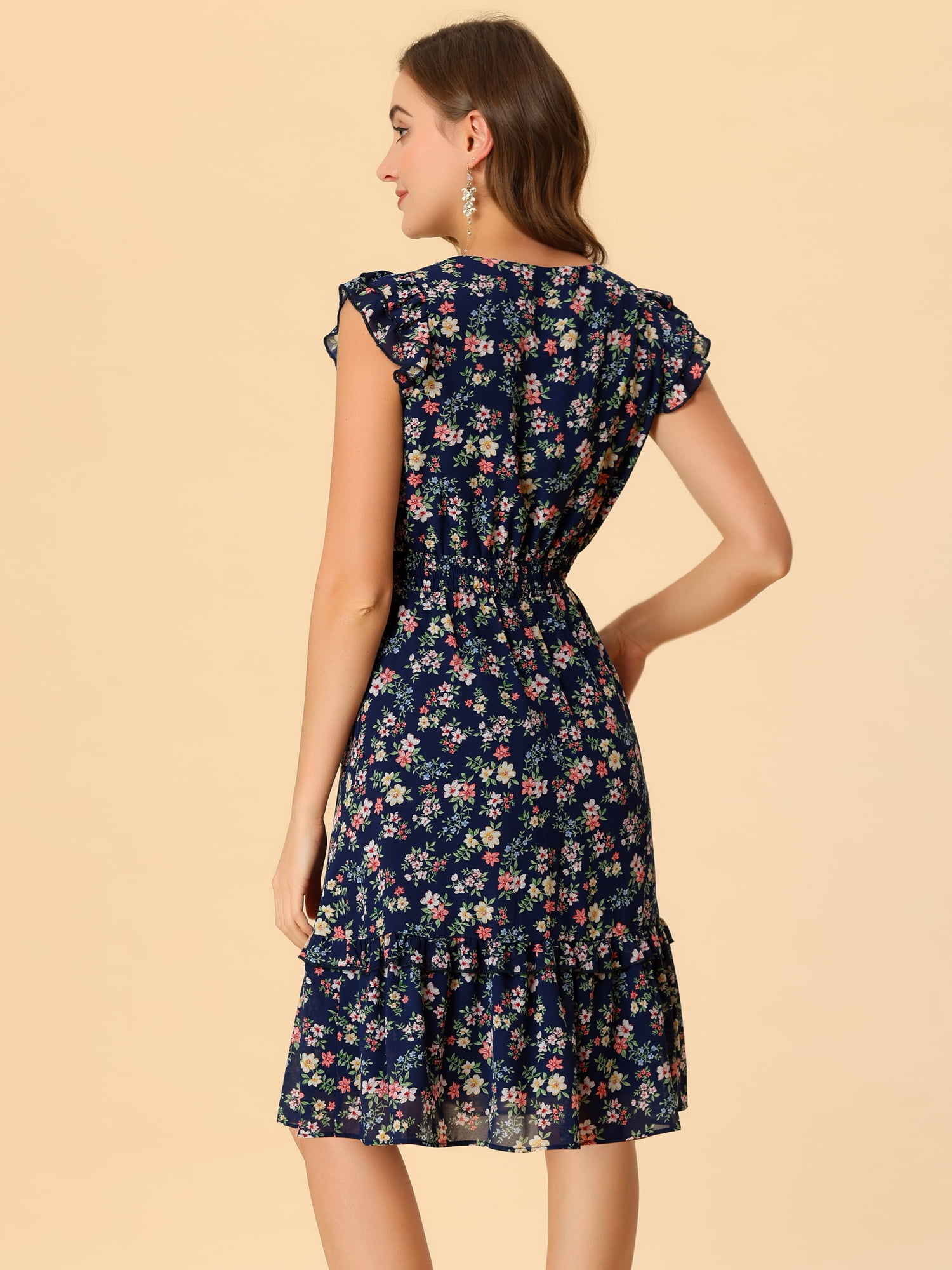 DARING DIVA Floral Flutter Sleeves V Neck Smocked Ruffle Dress XS Navy