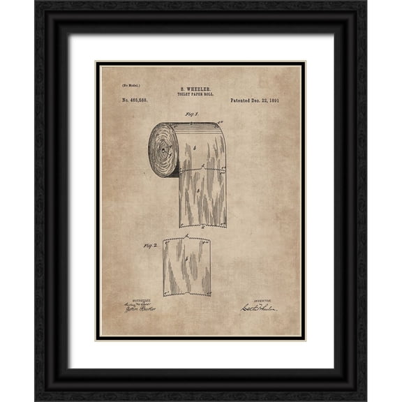 CAG 11x14 Black Ornate Wood Framed with Double Matting Museum Art Print Titled - Patent Document of a Toilet Paper Roll