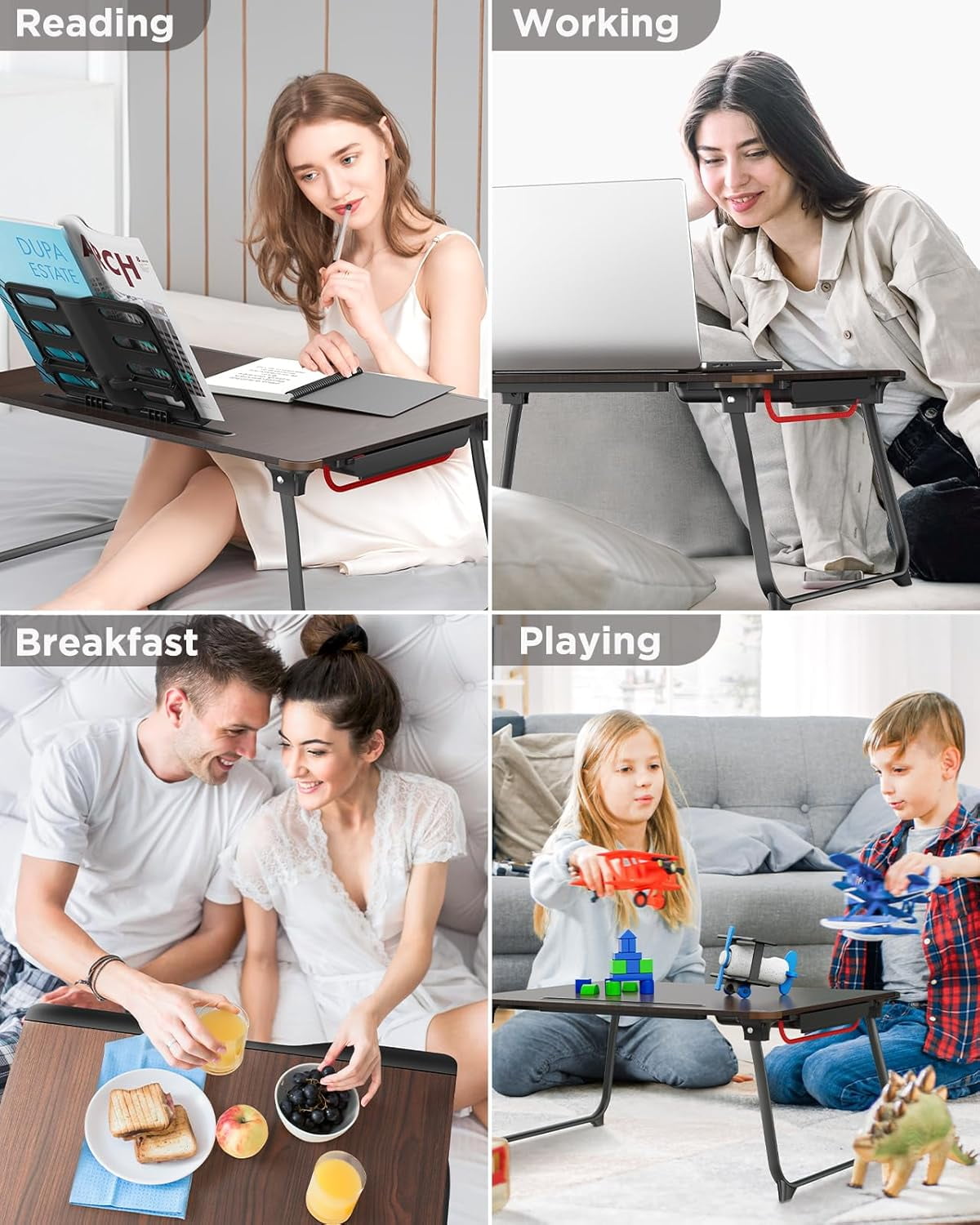 XX-Large Foldable Bed Tray Table for Eating Breakfast, Writing, Working, Gaming, Drawing with Storage Drawer, Handrest Bookstand, Tablet Stand, Phone Stand(Black Cherry)