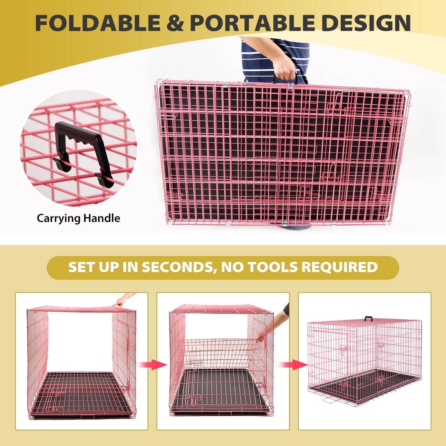 XF XINFENG 48 inch Folding Metal Dog Crate Indoor and Outdoor Includes Leak-Proof Pan, Floor Protecting feet，Divider Panel with Double-Door,Pink