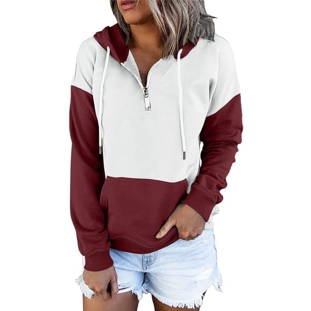 Sudadera Para Mujer Otoño Con Cuello en V Camisas de Manga Larga Cremallera Colorblock Sudaderas Con Capucha Túnica de Bolsillo Tops Con Cordón Odeerbi ODB183073