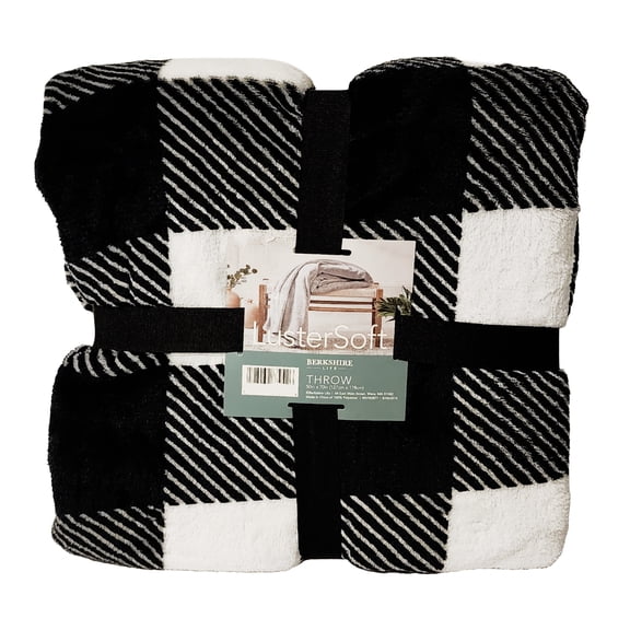 Berkshire LusterSoft Plush Throw Blanket Black White Buffalo Plaid 50 x 70 Soft Cozy Polyester