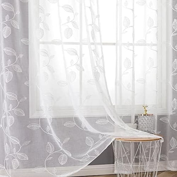 White Sheer Curtains Embroidered Leaf Pattern Semi Sheer Voile Floral Curtains, Thin Light Filtering Grommet Window for Bedroom, 2 Panels, 52 x 63 in