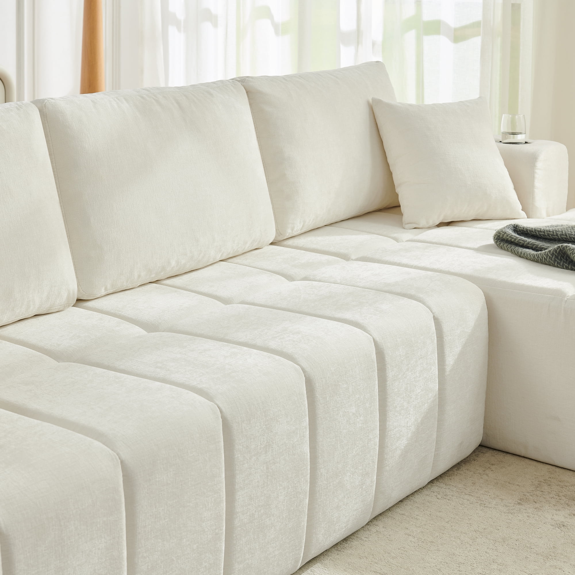 Leumius 108" L-Shaped Sectional Sofa,Chenille Boneless Couch, Modern 3-Seat Upholstered Cloud Couch Sectional with Deep Seat and Cup Holders for Living Room,No Assembly Required,Beige