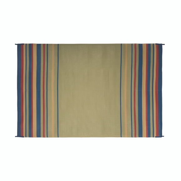 Faulkner Tapis de Patio 68845 Longueur 12 Pieds x Largeur 9 Pieds; Rayures Bleu/brique/beige/vert; Polypropylène; Résistant à la Moisissure et au Mildiou; Sans Oeillets/sac de Rangement; avec Attaches d'Angle