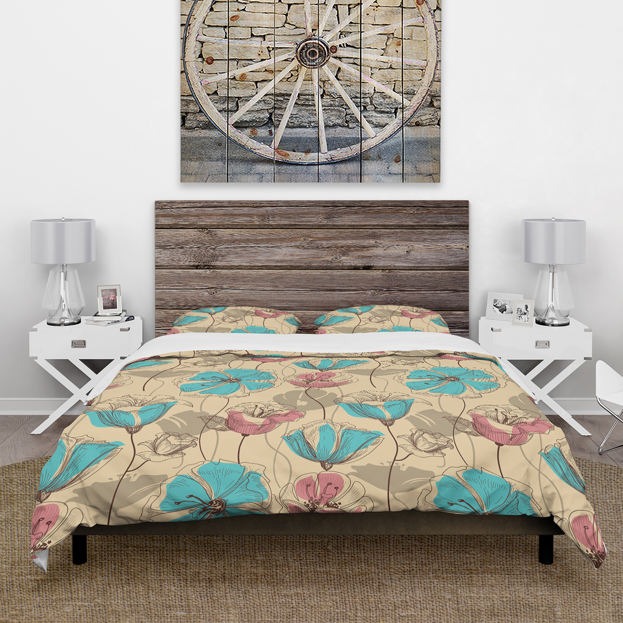Designart 'Retro Drawing Flowers in Pink and Blue' Floral Duvet Cover Set