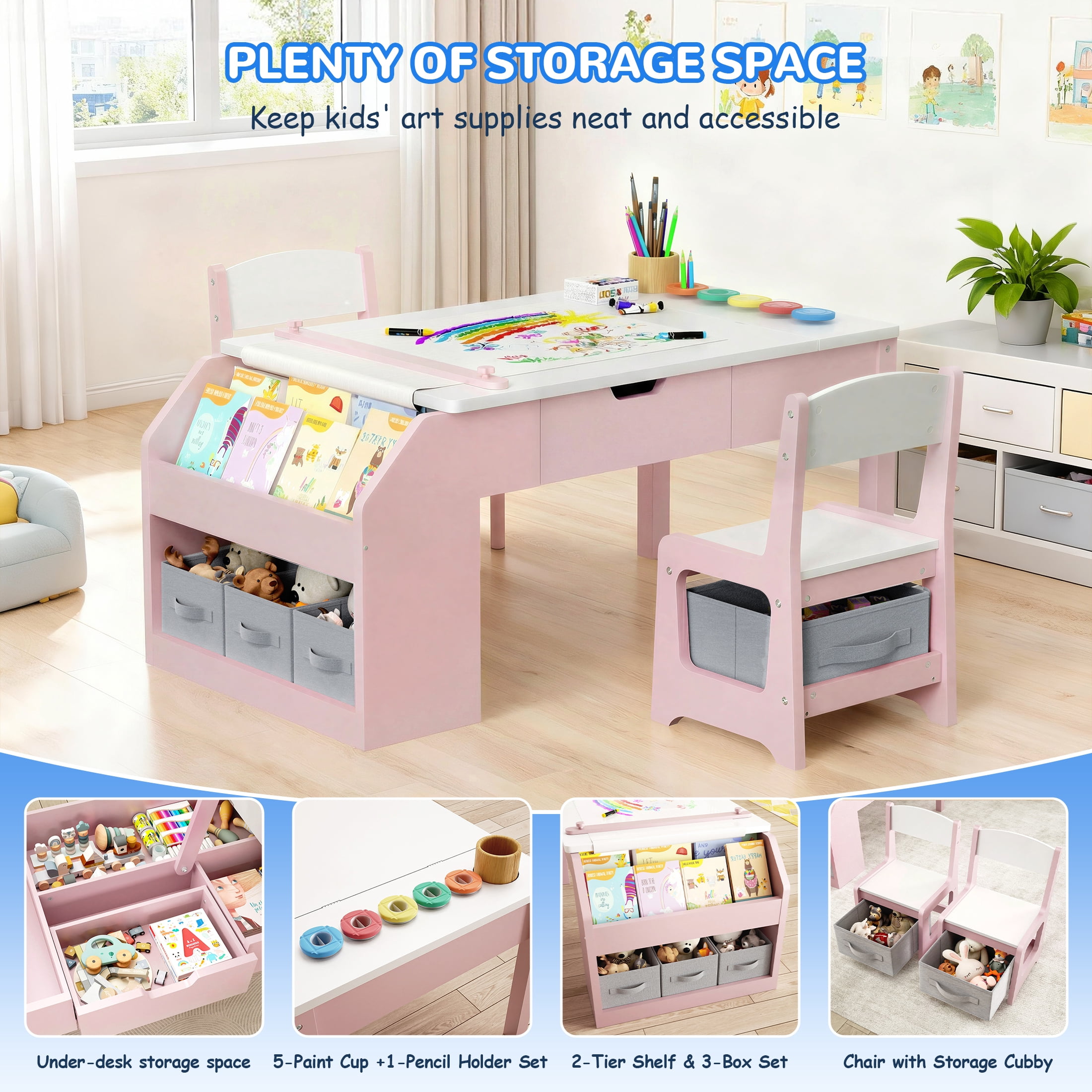 Hijob 5-in-1 Kids Art Table & Chair Set – Convertible Easel with Paper Roll Holder, Storage Drawers & Foldable Craft Desk, Toddler Activity Learning Center for Playroom, Pink