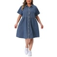 thumbnail image 1 of Vestido babydoll de mezclilla para mujer de talla grande Agnes Orinda, con cierre de botón, solapa, mangas cortas, vestido de camisa de jean casual con bolsillos 3X gris azul, 1 of 8