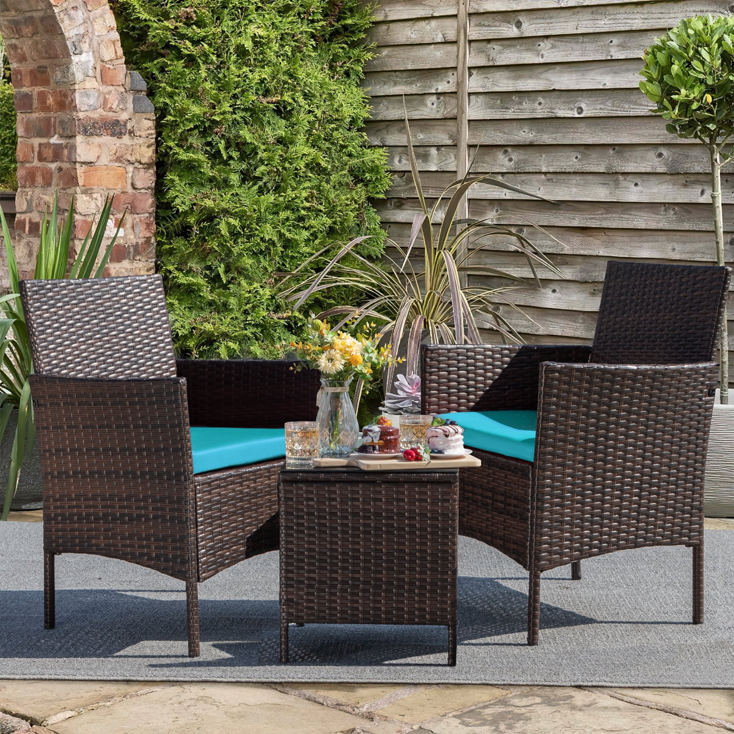 Homall 3 Pieces Patio Furniture Set Outdoor PE Rattan Wicker Patio Conversation Set Bistro Set with Tempered Glass and Cushioned Chairs, Brown/Blue