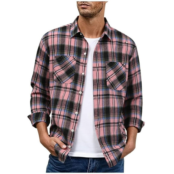 VgaVtl Mens Shirts Long Sleeve Plaid Collared Clothes for Men Outdoors Loose Pink Casual Big and Tall Button down Shirts,L