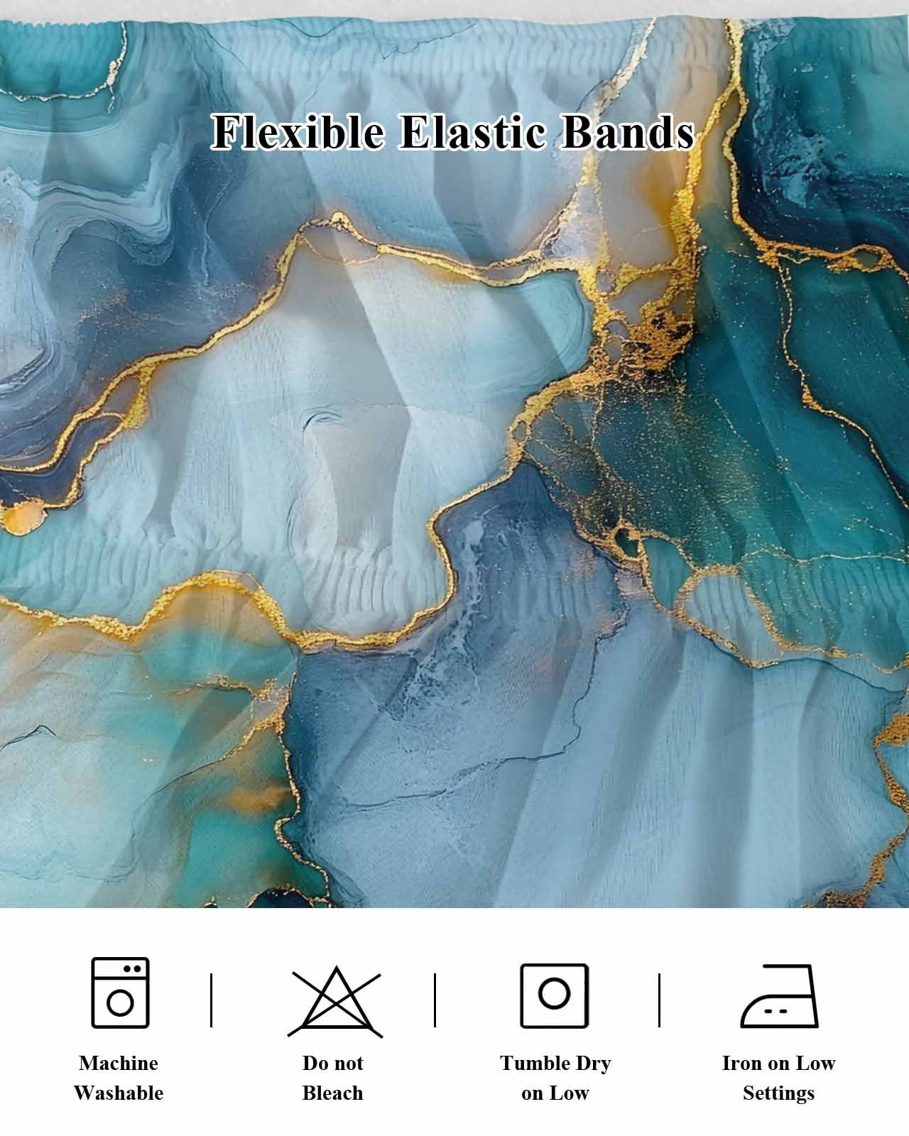 Marble Teal Yellow Wrap Around Bed Skirts for Queen Bed 16" Drop, Bed Skirt with Adjustable Elastic Belt Dust Ruffle Bed Valance for Bedroom Hotel Luxury Abstract Art Ink Painting Bed Frame Cover