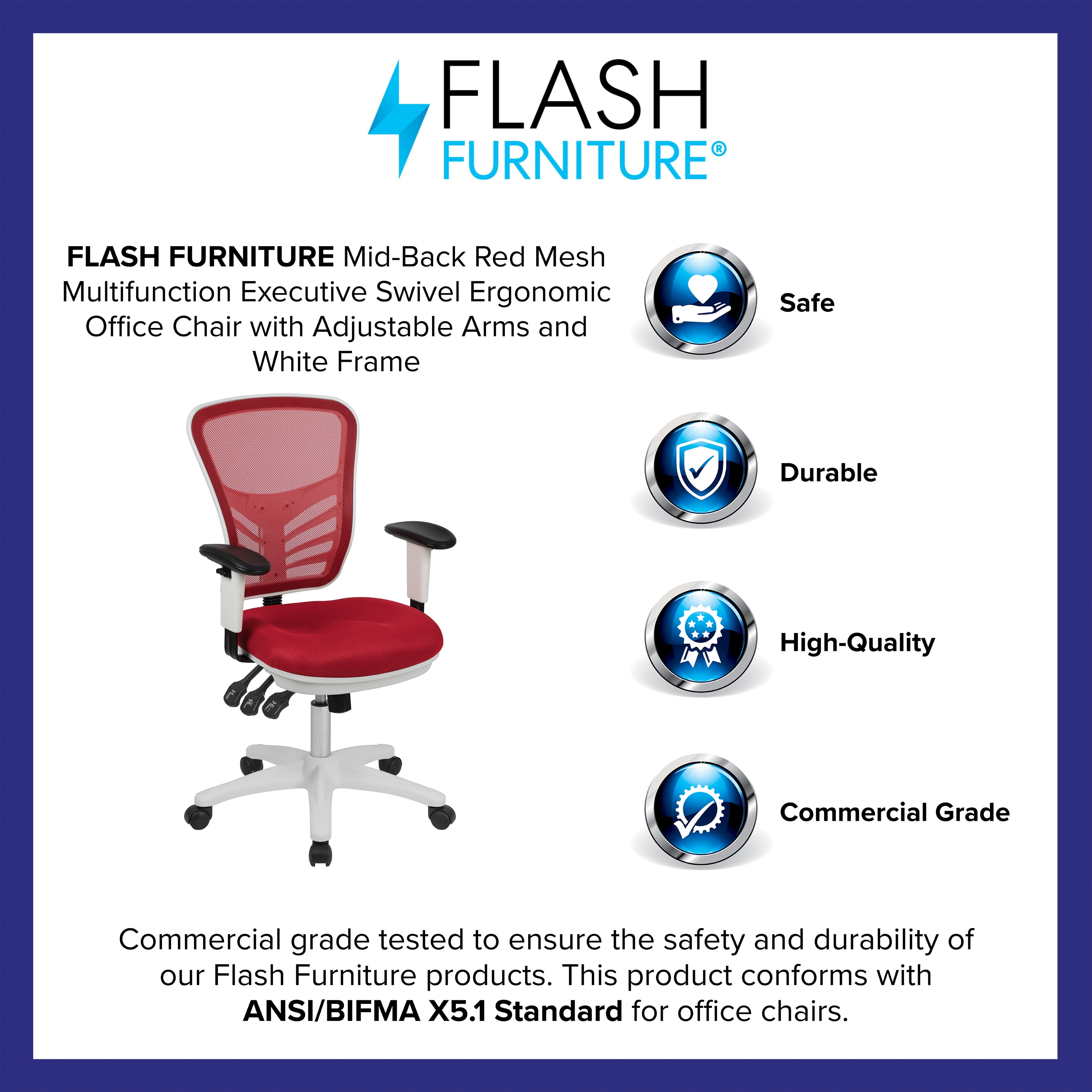 Flash Furniture Mid-Back Red Mesh Multifunction Executive Swivel Ergonomic Office Chair with Adjustable Arms and White Frame