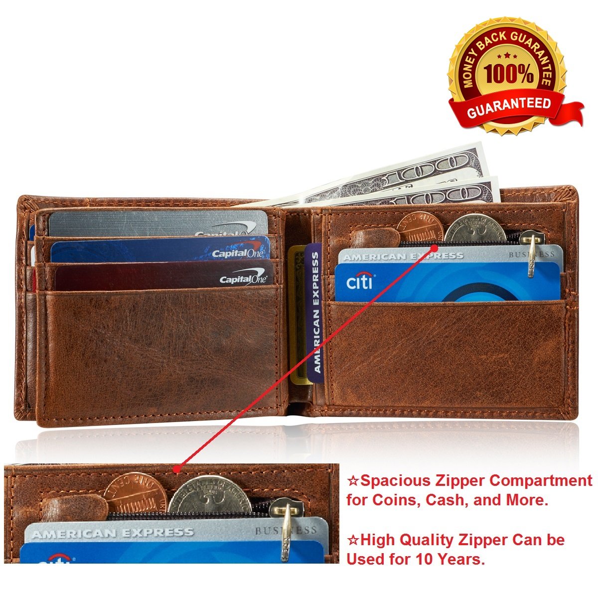 Wallets for women,genuine leather women wallets, Men's Classic Vintage Brown Genuine Premium Leather Handmade Bifold Zipper Card Wallet - image 5 of 7