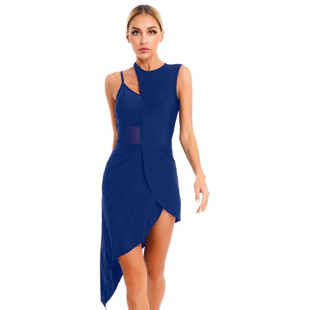 Aislor Robe de Danse Latine Salsa et de Salle pour Femmes, Robe de Danse en Maille Transparente à Empiècements, Ourlet Asymétrique, Bleu Marine, G