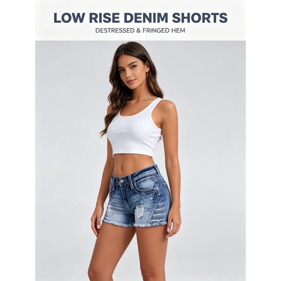 Women's Low Rise Distressed Denim Shorts Stretchy Ripped Frayed Hem Jean Shorts with Embroidered Back Pockets Vintage Wash Summer Casual Beach Vacation Festival Concert Outfits