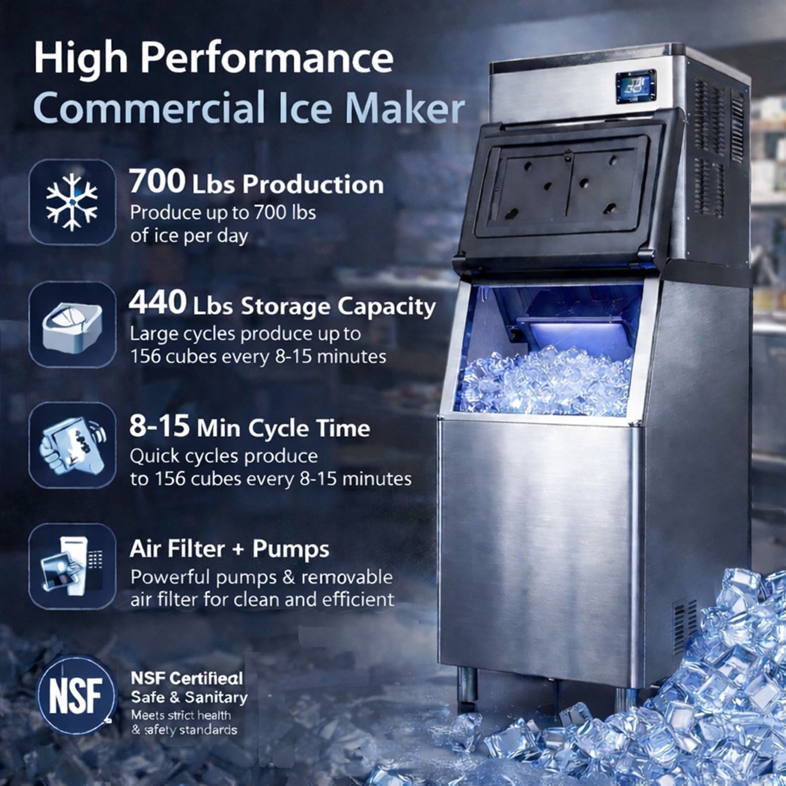 Commercial Ice Maker, 700 lbs/24H Half-Square Cube Ice Maker with 440 lbs Storage Bin, NSF & ETL Certified, Stainless Steel, R290 Refrigerant