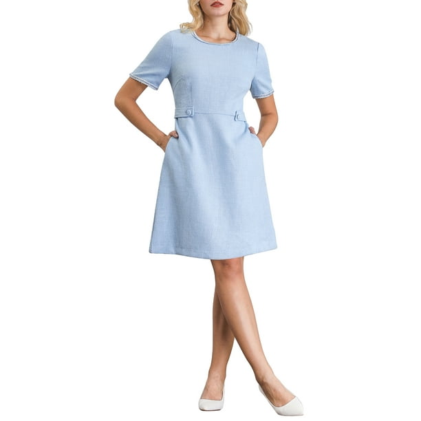 Vestido de tweed para mujer INSPIRE CHIC, de manga corta, cuello redondo, elegante, corte A, con bolsillo, talla XL, azul claro