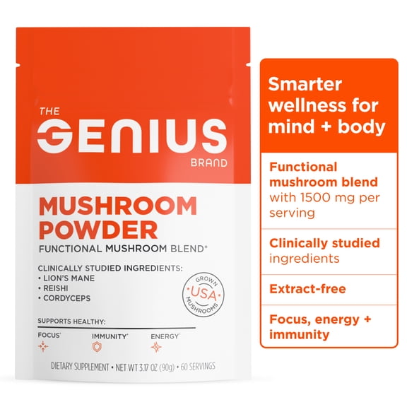 The Genius Brand Mushroom Powder - Includes Lion's Mane, Cordyceps & Reishi - Supports Brain Health, Immune System & Energy Levels - USDA Organic Mushroom Powder - 3.17 oz (60 Servings)