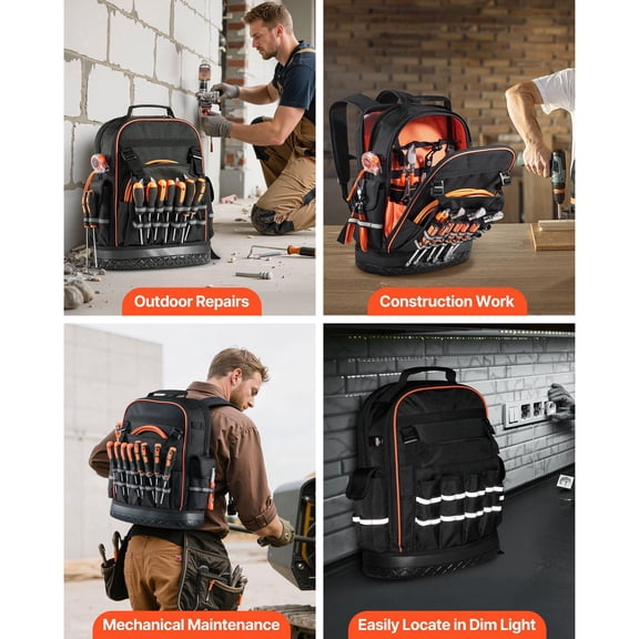 Heavy Duty Tool Backpack 64 Pockets Laptop Compartment Molded Base for Electricians Repairmen HVAC Technicians
