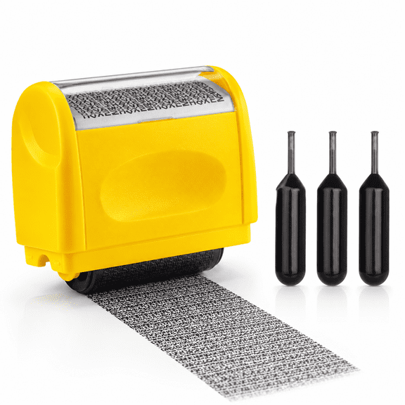 Identity Theft Protection Roller Stamps Refillable Guard Your ID Privacy Confidential Data Wide Security Stamp Roller with 3 Ink Refills,Yellow