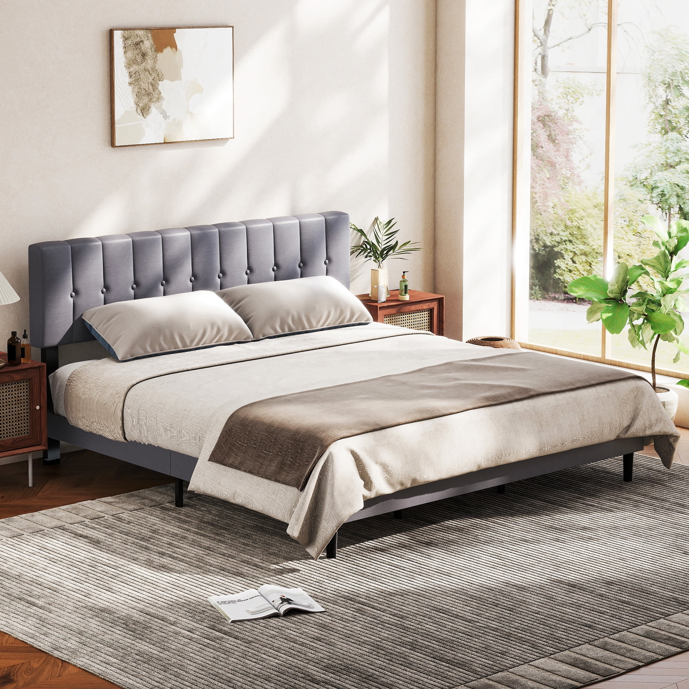 EDX King Size Platform Bed Frame, Fully Upholstered Mattress Foundationwith Fabric Upholstered Headboard and Wooden Slats Support, No Box Spring Needed, Grey