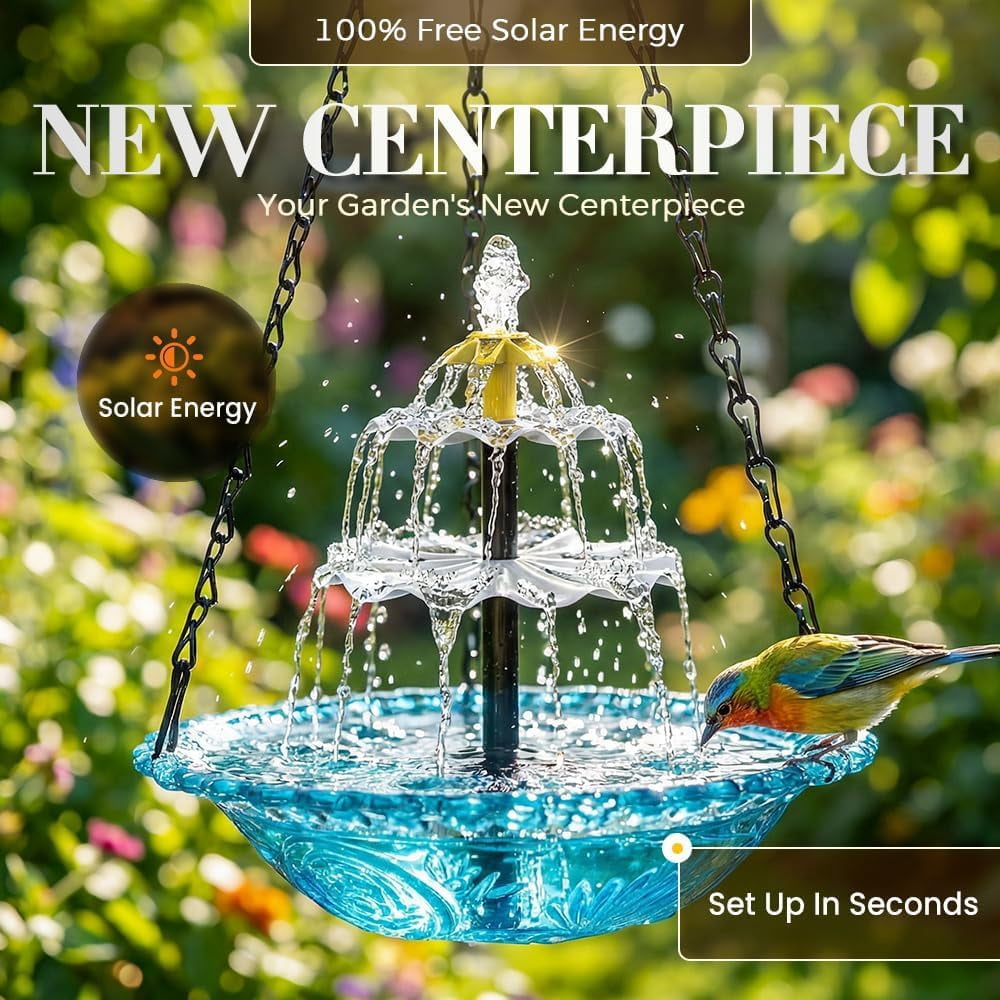 Solar Cascade Hanging Bird Bath Fountain,Hanging Solar-Powered Bird Bath Fountain Pump and Distributor,Outdoor Decorative Bird Bath and Shower Set,Suitable for Outdoor use, Patios,and Gardens