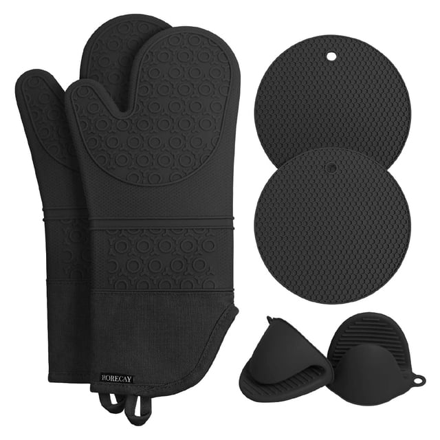 Guantes de microondas Cocina Hornear Ollas de cocina Sostenedores de silicona Algodón Aislamiento térmico Tapetes de mesa, Negro 6 piezas Eigraketly HA005330-01