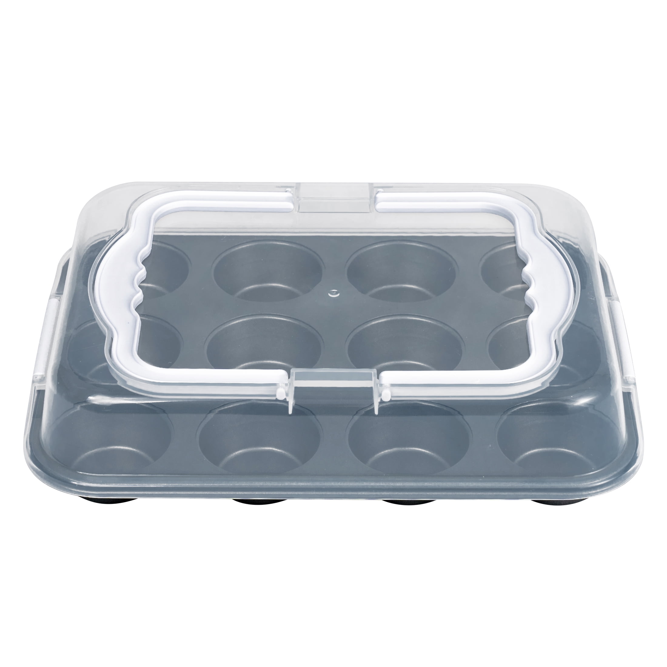 Mainstays 12-Cup Muffin Pan with Covered Carrier, Carbon Steel Bakeware with Plastic Cover
