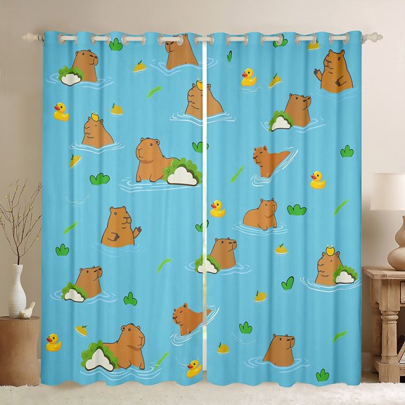 Homewish Cartoon Capybara Black Out Curtains For Children Teens,Kawaii Wildlife Curtains Pack of 2 (42x63 Each),Cute Animal Bedroom Curtains,Breathable Home Decor