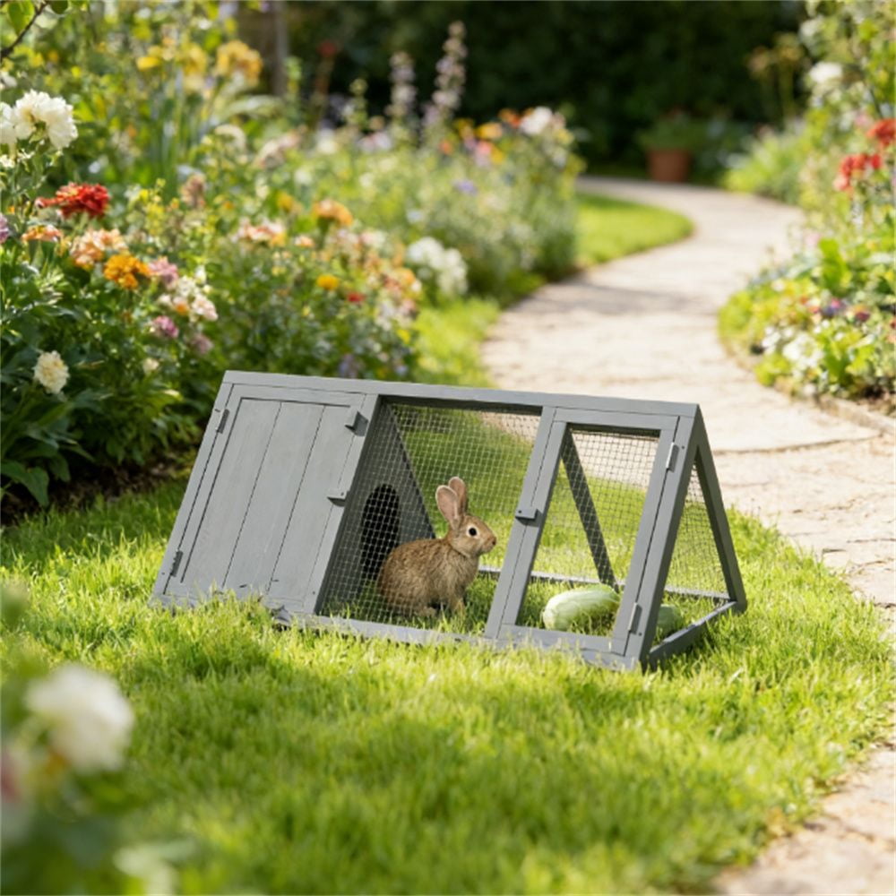 Wooden Rabbit Hutch Guinea Pig Cage Small Animal House with Run Area Gray Fir Wood Wire Mesh Pet Cage for Rabbits Guinea Pigs