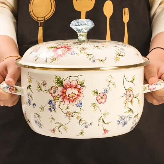 4.5 Quart Enamel Pot with Lid,Large Vintage Cooking Pot for Soup Stew Pasta,Dual Handle Enamelware Saucepan Gift for All Stovetops