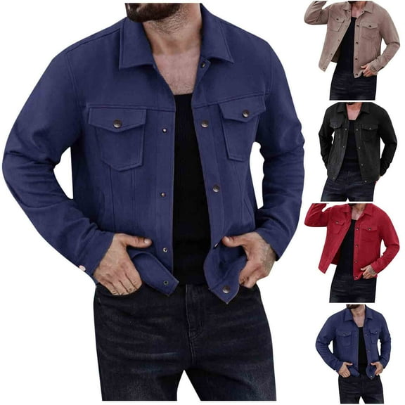 FRSASU Men's Denim Jacket Casual Slim Fit Button Down Long Sleeve Jean Lapel Workwear Jacket with Pocket Red