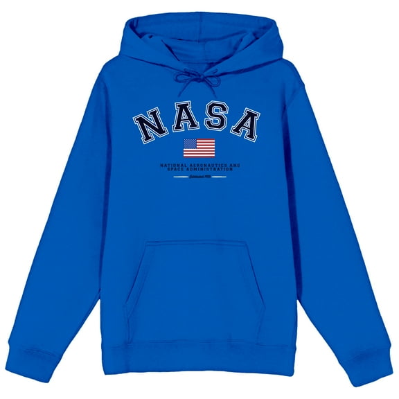 NASA American Flag Logo Long Sleeve Royal Blue Adult Hooded Sweatshirt-Medium
