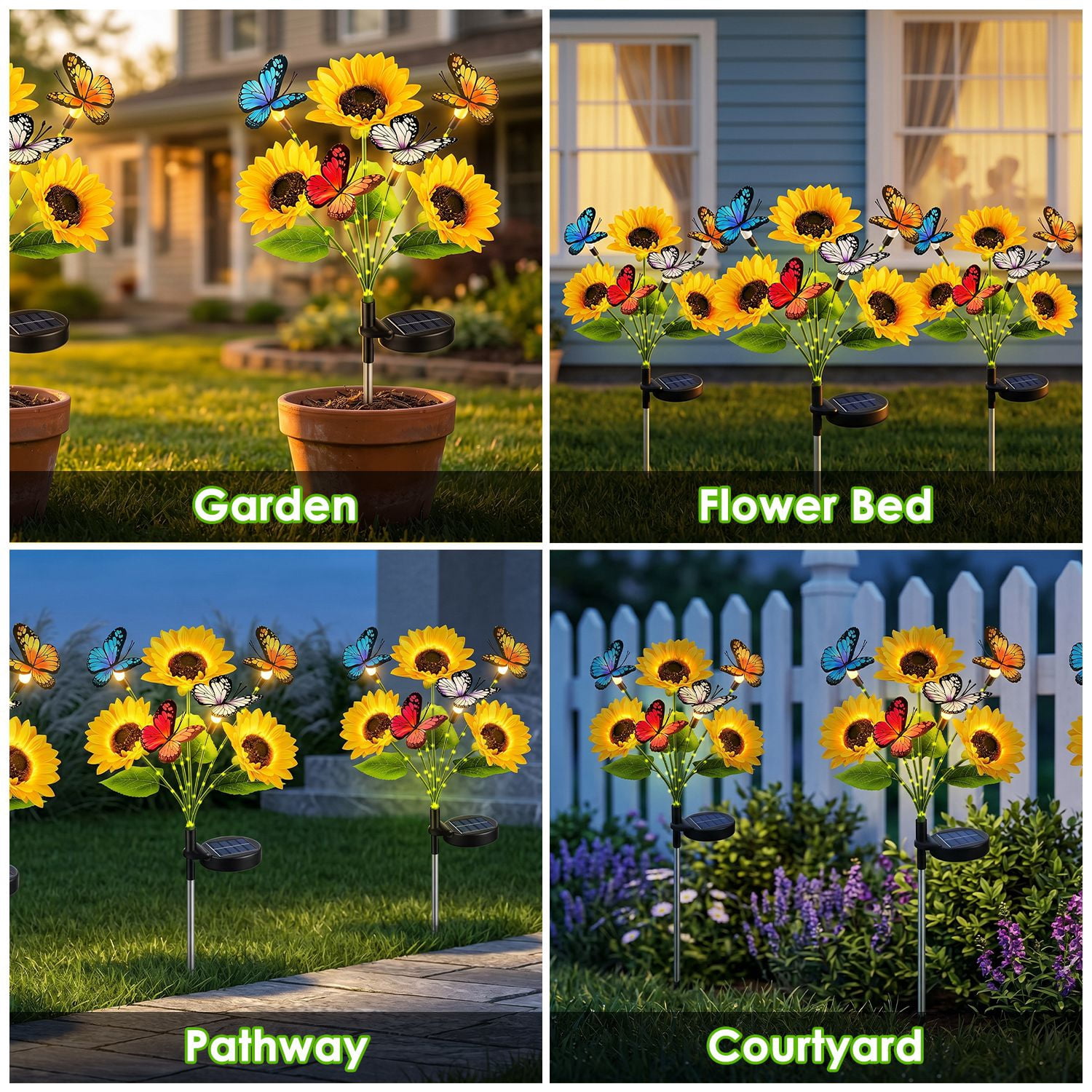 Astoutdoor Solar Sunflower Garden Stake Lights, 4-Pack, 3 Sunflower Heads and Butterfly Decor, Warm White LED, 2 Modes, IP44