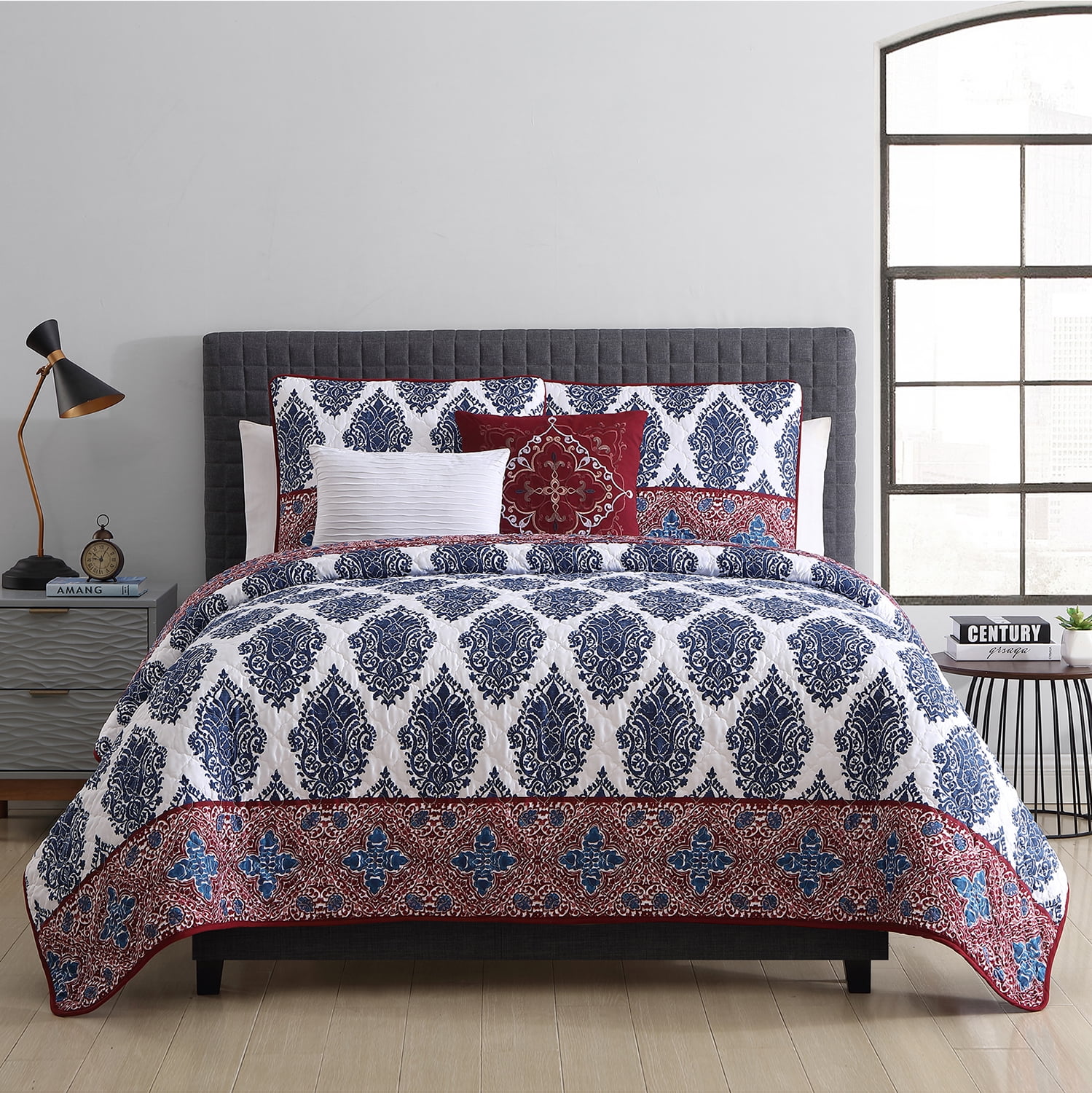 VCNY Home Bentley Reversible Blue Damask Quilt Set, Queen, Burgundy