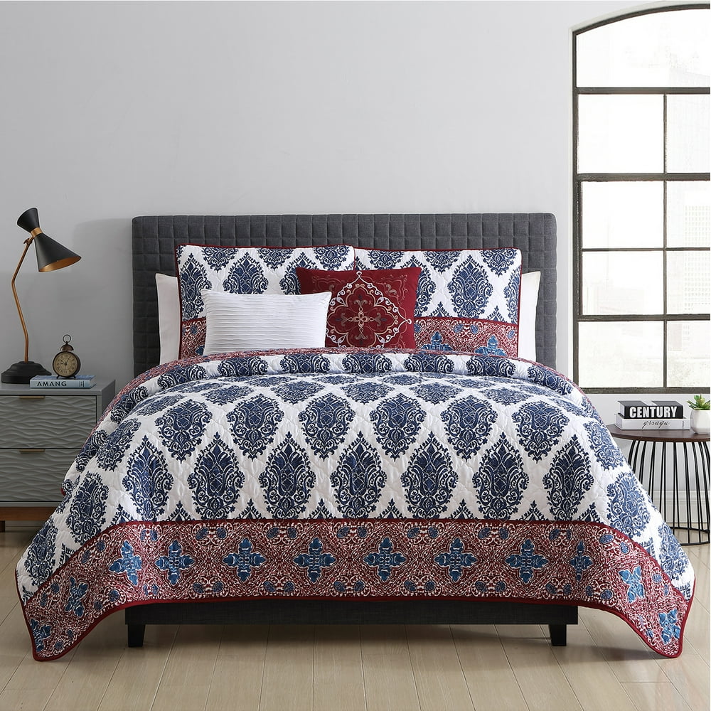VCNY Home Bentley Reversible Blue Damask Quilt Set, Queen, Burgundy