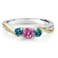 thumbnail image 2 of Gem Stone King 925 Silver and 10K Yellow Gold Pink Moissanite London Blue Topaz and Lab Grown Diamond 3 Stone Engagement Ring for Women (0.52 Cttw, Gemstone Birthstone, Size 6), 2 of 3