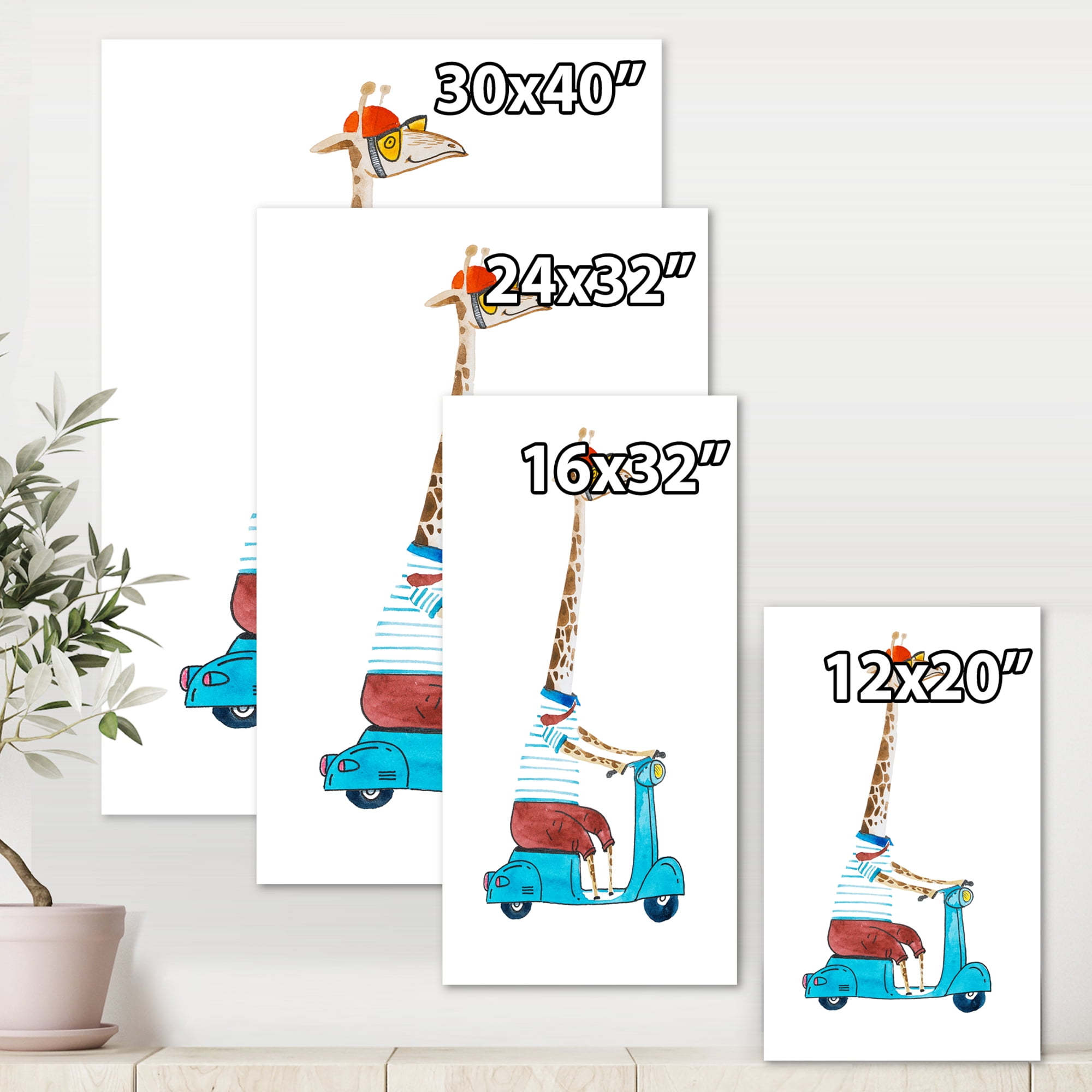 Designart ' Giraffe Dressed Up Wearing Helmet & Riding Blue Scooter ' Children's Art Canvas Wall Art Print