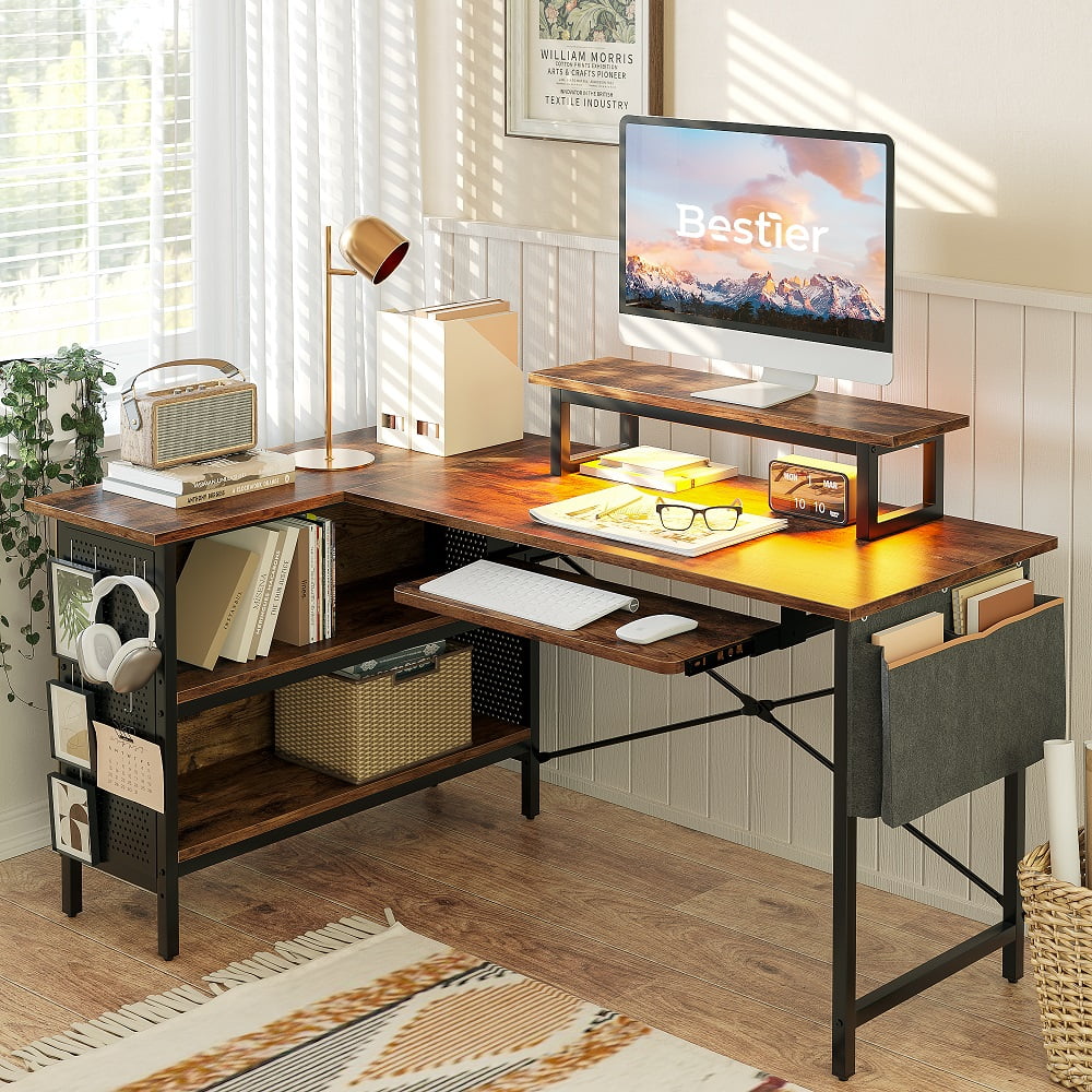 Bestier 55 inch L-Shaped Computer Desk with Keyboard Tray & LED Monitor Stand Rustic